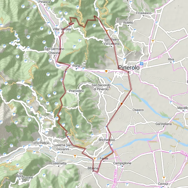 Miniatura della mappa di ispirazione al ciclismo "Giro in Gravel da Bibiana a Pan di Zucchero" nella regione di Piemonte, Italy. Generata da Tarmacs.app, pianificatore di rotte ciclistiche