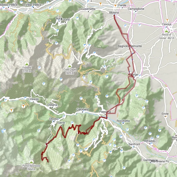 Map miniature of "Mountainous Gravel Adventure" cycling inspiration in Piemonte, Italy. Generated by Tarmacs.app cycling route planner