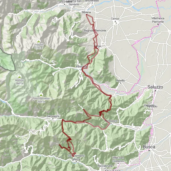 Miniatura mapy "Trasa gravelowa przez Martiniana Po, Costabella i Barge" - trasy rowerowej w Piemonte, Italy. Wygenerowane przez planer tras rowerowych Tarmacs.app