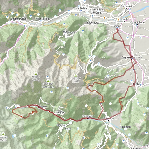 Map miniature of "Bibiana - Ostana - Monte Granè - Bibiana" cycling inspiration in Piemonte, Italy. Generated by Tarmacs.app cycling route planner