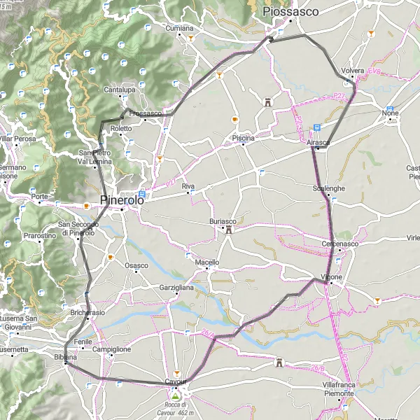 Miniatura della mappa di ispirazione al ciclismo "Cicloturismo tra Pinerolo e Cavour" nella regione di Piemonte, Italy. Generata da Tarmacs.app, pianificatore di rotte ciclistiche