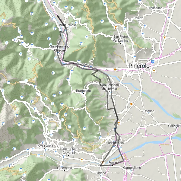 Miniatua del mapa de inspiración ciclista "Ruta en Carretera desde Bibiana a Bricherasio" en Piemonte, Italy. Generado por Tarmacs.app planificador de rutas ciclistas