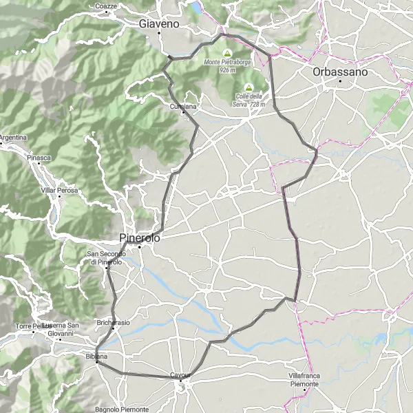 Miniaturní mapa "Poutavá cyklotrasa se zajímavými zastávkami" inspirace pro cyklisty v oblasti Piemonte, Italy. Vytvořeno pomocí plánovače tras Tarmacs.app