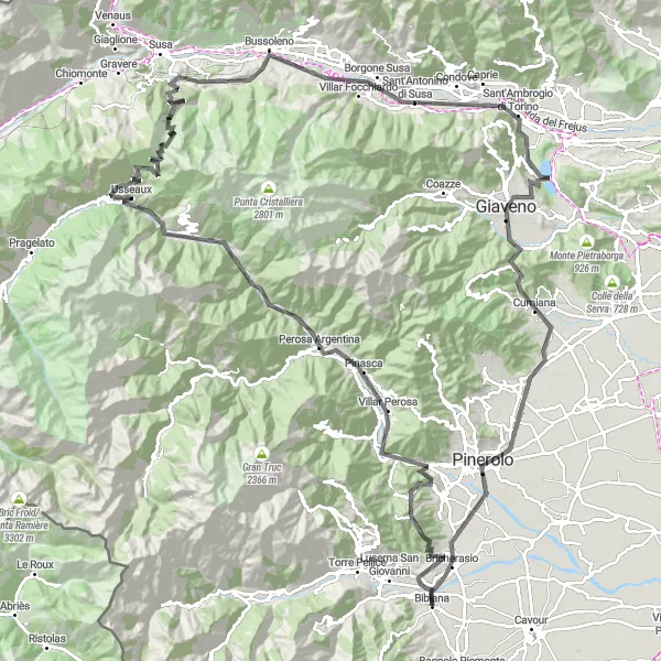 Miniature de la carte de l'inspiration cycliste "Route des Cols Piémontais" dans la Piemonte, Italy. Générée par le planificateur d'itinéraire cycliste Tarmacs.app