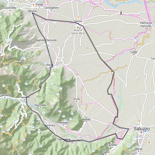 Map miniature of "Barge Loop" cycling inspiration in Piemonte, Italy. Generated by Tarmacs.app cycling route planner