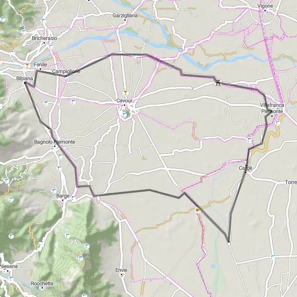 Miniatua del mapa de inspiración ciclista "Ruta de Carretera alrededor de Bibiana" en Piemonte, Italy. Generado por Tarmacs.app planificador de rutas ciclistas