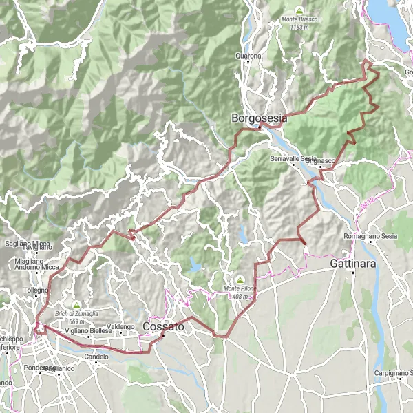 Map miniature of "Gravel Adventure Around Biella" cycling inspiration in Piemonte, Italy. Generated by Tarmacs.app cycling route planner