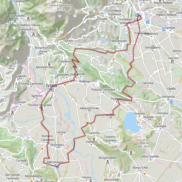 Map miniature of "The Gravel Adventure: Among the Canavese Valleys" cycling inspiration in Piemonte, Italy. Generated by Tarmacs.app cycling route planner