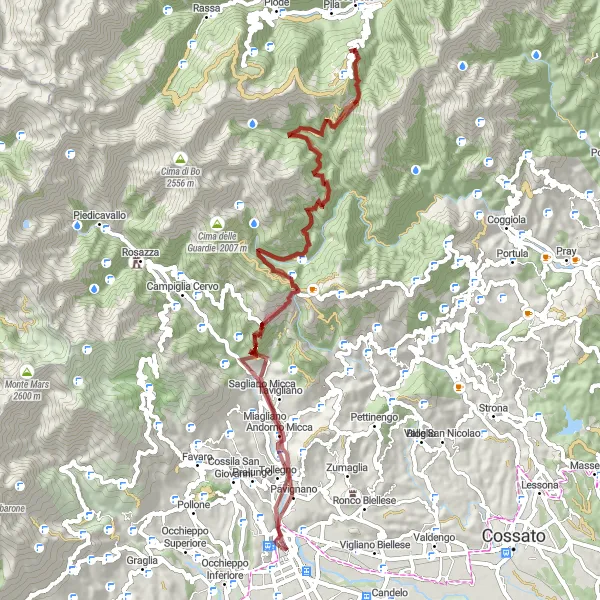 Miniaturní mapa "Gravel - Biella to Alpe di Mera loop" inspirace pro cyklisty v oblasti Piemonte, Italy. Vytvořeno pomocí plánovače tras Tarmacs.app