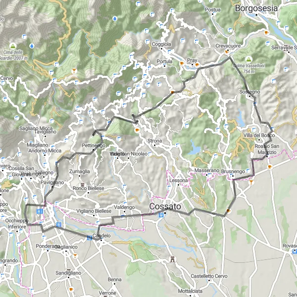 Karttaminiaatyyri "Biella ympäristön maantiepyöräreitti" pyöräilyinspiraatiosta alueella Piemonte, Italy. Luotu Tarmacs.app pyöräilyreittisuunnittelijalla