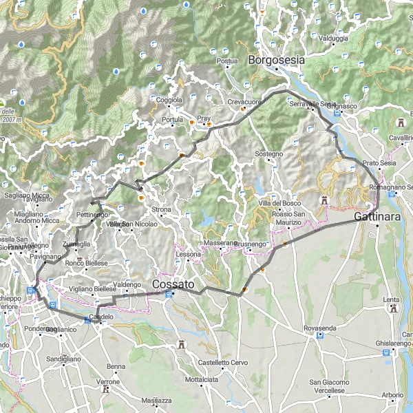 Miniaturekort af cykelinspirationen "Pettinengo Loop" i Piemonte, Italy. Genereret af Tarmacs.app cykelruteplanlægger