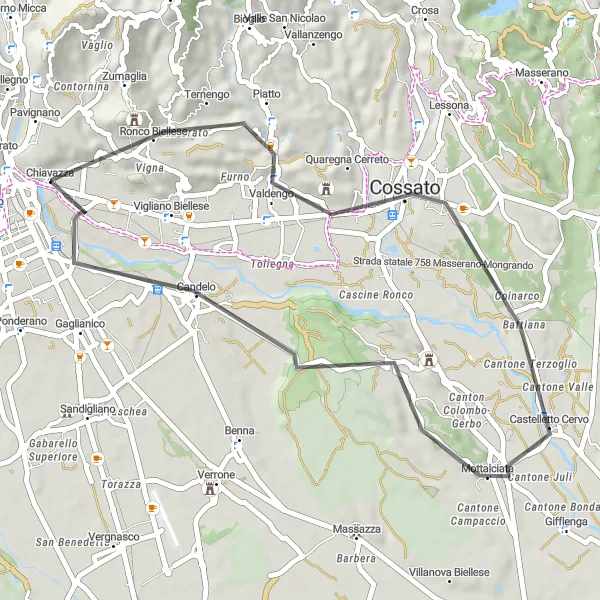 Kartminiatyr av "Landevei rundtur til Brich di Zumaglia og Candelo" sykkelinspirasjon i Piemonte, Italy. Generert av Tarmacs.app sykkelrutoplanlegger