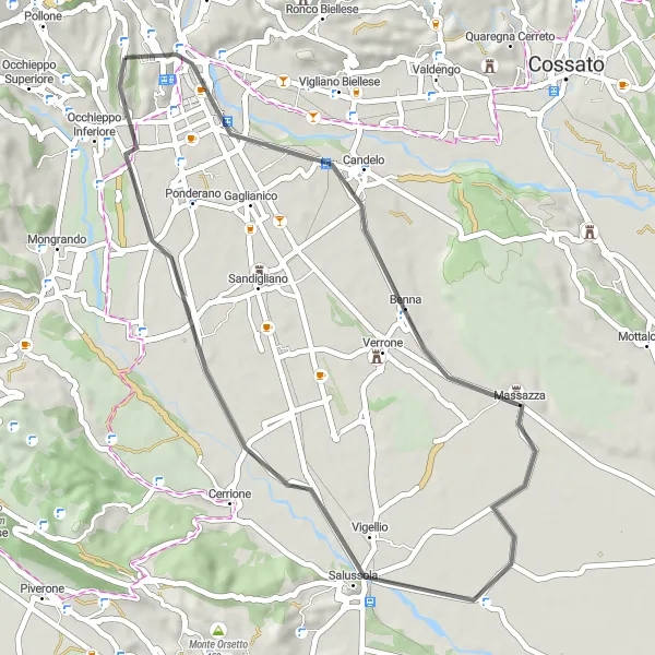 Miniatura della mappa di ispirazione al ciclismo "Giro in bicicletta da Biella a Barazzetto e ritorno" nella regione di Piemonte, Italy. Generata da Tarmacs.app, pianificatore di rotte ciclistiche