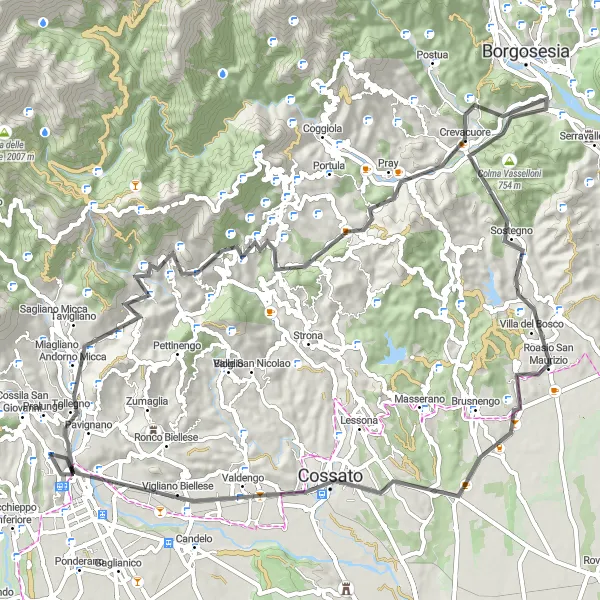 Kartminiatyr av "Landevei rundtur til Pray og Villa del Bosco" sykkelinspirasjon i Piemonte, Italy. Generert av Tarmacs.app sykkelrutoplanlegger