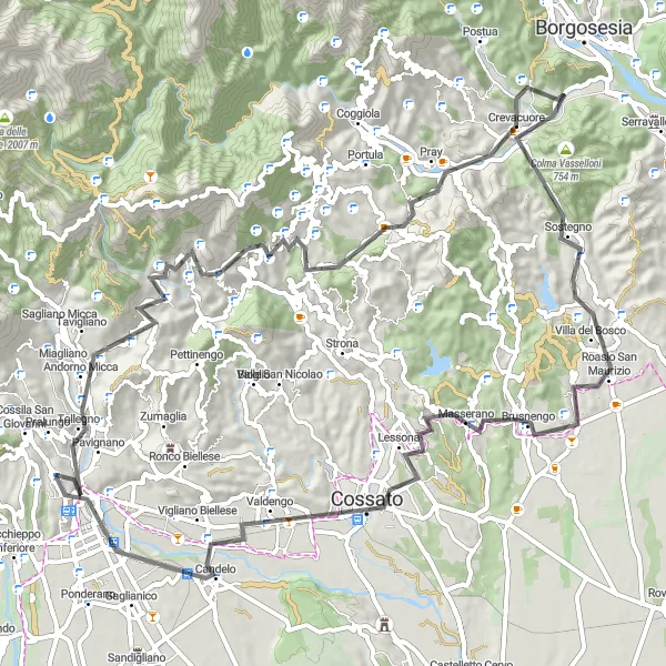 Miniatura della mappa di ispirazione al ciclismo "Sfida in bicicletta da Bric della Randolina a Roasio San Maurizio" nella regione di Piemonte, Italy. Generata da Tarmacs.app, pianificatore di rotte ciclistiche