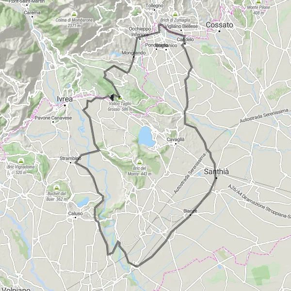 Zemljevid v pomanjšavi "Candelo to Biella Full-day Ride" kolesarske inspiracije v Piemonte, Italy. Generirano z načrtovalcem kolesarskih poti Tarmacs.app