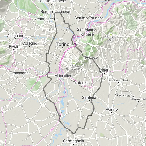 Miniatua del mapa de inspiración ciclista "Ruta de Carretera Borgaro Torinese - Montosolo - Pino Torinese - Tetti Agostino - Nichelino - Mirafiori Nord - Madonna di Campagna" en Piemonte, Italy. Generado por Tarmacs.app planificador de rutas ciclistas