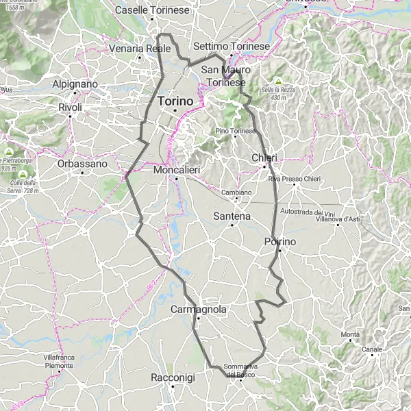 Karten-Miniaturansicht der Radinspiration "Rundtour von Borgaro Torinese nach Madonna di Campagna" in Piemonte, Italy. Erstellt vom Tarmacs.app-Routenplaner für Radtouren