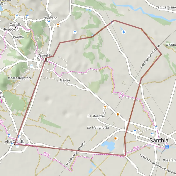 Miniatura della mappa di ispirazione al ciclismo "Esplorazione Gravel a Cavaglià" nella regione di Piemonte, Italy. Generata da Tarmacs.app, pianificatore di rotte ciclistiche