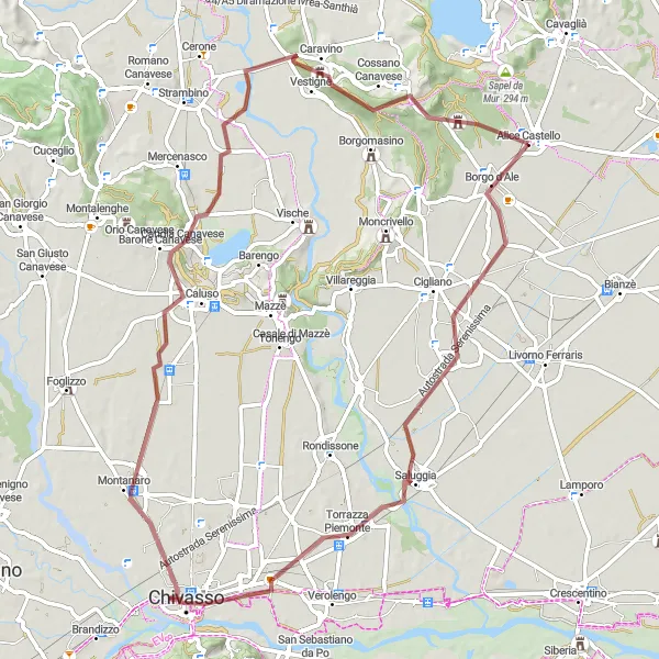 Map miniature of "Saluggia Exploration Gravel Route" cycling inspiration in Piemonte, Italy. Generated by Tarmacs.app cycling route planner