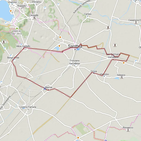 Zemljevid v pomanjšavi "Alice Castello - Borgo d'Ale Gravel Cycling Route" kolesarske inspiracije v Piemonte, Italy. Generirano z načrtovalcem kolesarskih poti Tarmacs.app