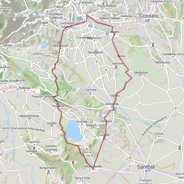 Map miniature of "Borgo d'Ale - Candelo loop (Gravel)" cycling inspiration in Piemonte, Italy. Generated by Tarmacs.app cycling route planner