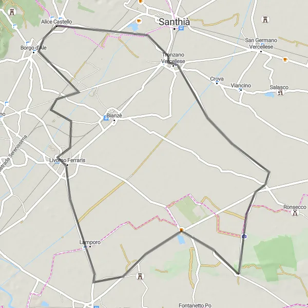 Zemljevid v pomanjšavi "Kolesarska tura Tronzano Vercellese - Borgo d'Ale" kolesarske inspiracije v Piemonte, Italy. Generirano z načrtovalcem kolesarskih poti Tarmacs.app