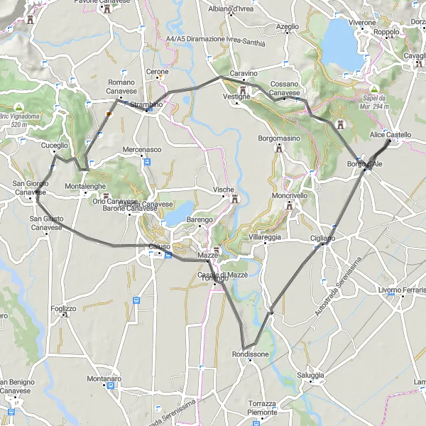 Mapa miniatúra "Okružná cyklistická trasa cez Borgo d'Ale" cyklistická inšpirácia v Piemonte, Italy. Vygenerované cyklistickým plánovačom trás Tarmacs.app