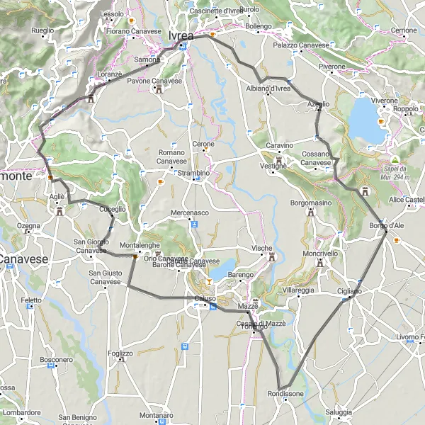 Map miniature of "Borgo d'Ale - Rondissone loop" cycling inspiration in Piemonte, Italy. Generated by Tarmacs.app cycling route planner