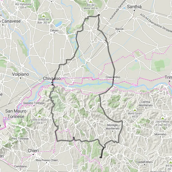 Kartminiatyr av "Lång cykeltur genom Piemonte" cykelinspiration i Piemonte, Italy. Genererad av Tarmacs.app cykelruttplanerare