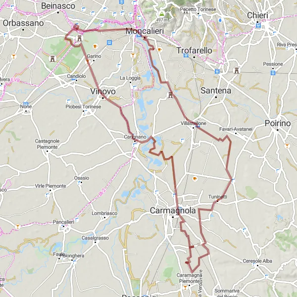 Mapa miniatúra "Cestou krito po Carignano a Castello della Rotta" cyklistická inšpirácia v Piemonte, Italy. Vygenerované cyklistickým plánovačom trás Tarmacs.app
