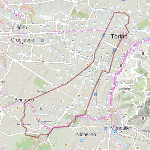 Miniaturní mapa "Gravelová trasa kolem Mole Antonelliana" inspirace pro cyklisty v oblasti Piemonte, Italy. Vytvořeno pomocí plánovače tras Tarmacs.app