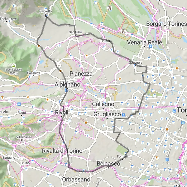 Miniatua del mapa de inspiración ciclista "Ruta de ciclismo de carretera a Fornaci" en Piemonte, Italy. Generado por Tarmacs.app planificador de rutas ciclistas