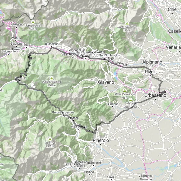 Miniatuurkaart van de fietsinspiratie "Bergklim naar Dojrone via Colle delle Finestre" in Piemonte, Italy. Gemaakt door de Tarmacs.app fietsrouteplanner