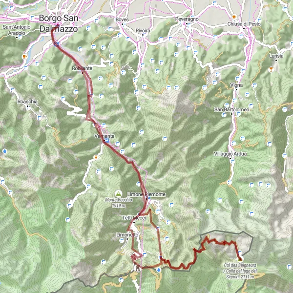 Miniaturekort af cykelinspirationen "Grusvejeventyr til Col de Tende" i Piemonte, Italy. Genereret af Tarmacs.app cykelruteplanlægger