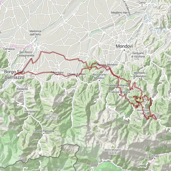 Miniaturní mapa "Gravel adventure to Reggia di Valcasotto and Monte Pelato" inspirace pro cyklisty v oblasti Piemonte, Italy. Vytvořeno pomocí plánovače tras Tarmacs.app