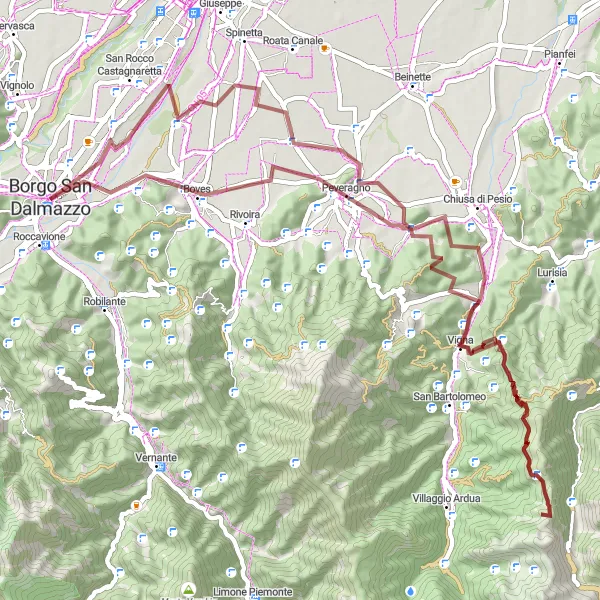 Map miniature of "Gravel Adventure" cycling inspiration in Piemonte, Italy. Generated by Tarmacs.app cycling route planner