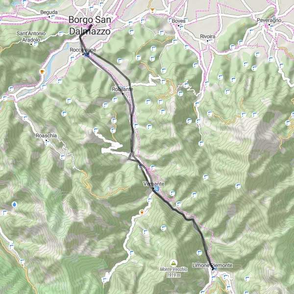Miniatua del mapa de inspiración ciclista "Ruta escénica en bicicleta de carretera desde Borgo San Dalmazzo" en Piemonte, Italy. Generado por Tarmacs.app planificador de rutas ciclistas
