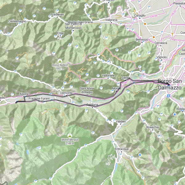 Karten-Miniaturansicht der Radinspiration "Aufregende Fahrt um Borgo San Dalmazzo" in Piemonte, Italy. Erstellt vom Tarmacs.app-Routenplaner für Radtouren