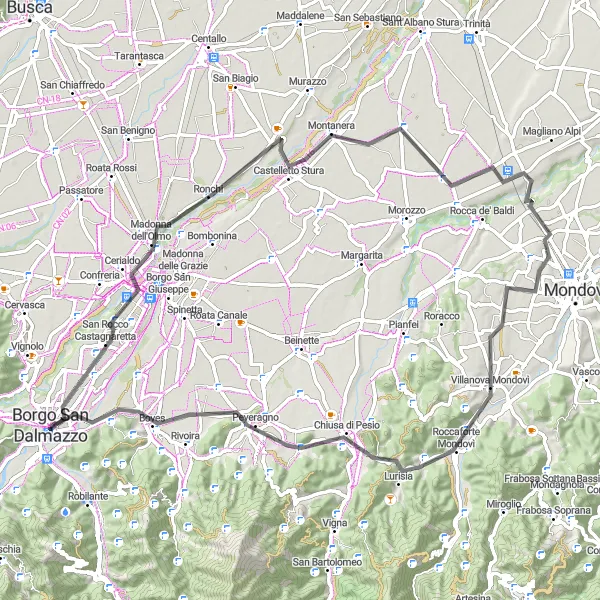 Miniaturní mapa "Jízda k Cuneo a Lurisia" inspirace pro cyklisty v oblasti Piemonte, Italy. Vytvořeno pomocí plánovače tras Tarmacs.app