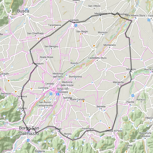 Karttaminiaatyyri "Haasteellinen Haipakka Borgo San Dalmazzosta" pyöräilyinspiraatiosta alueella Piemonte, Italy. Luotu Tarmacs.app pyöräilyreittisuunnittelijalla