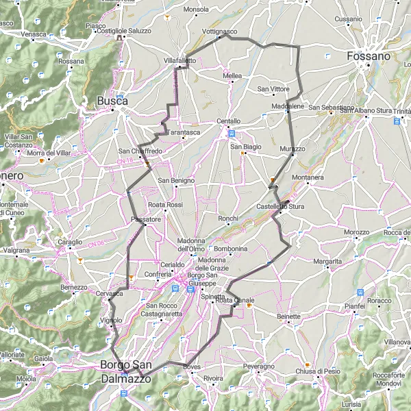 Kartminiatyr av "Rundtur til Roata Canale" sykkelinspirasjon i Piemonte, Italy. Generert av Tarmacs.app sykkelrutoplanlegger