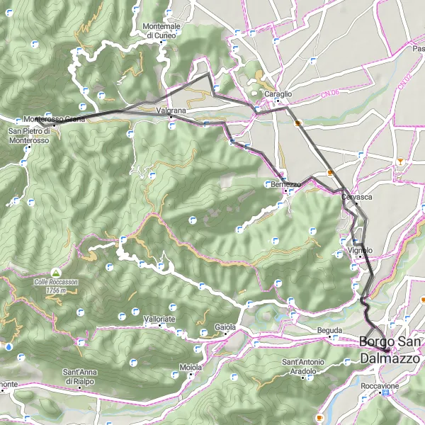 Karttaminiaatyyri "Historialliset Maisemat Borgo San Dalmazzossa" pyöräilyinspiraatiosta alueella Piemonte, Italy. Luotu Tarmacs.app pyöräilyreittisuunnittelijalla