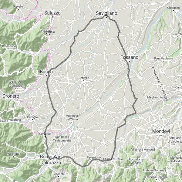 Miniatua del mapa de inspiración ciclista "Ruta panorámica a través de Cussanio en la carretera" en Piemonte, Italy. Generado por Tarmacs.app planificador de rutas ciclistas