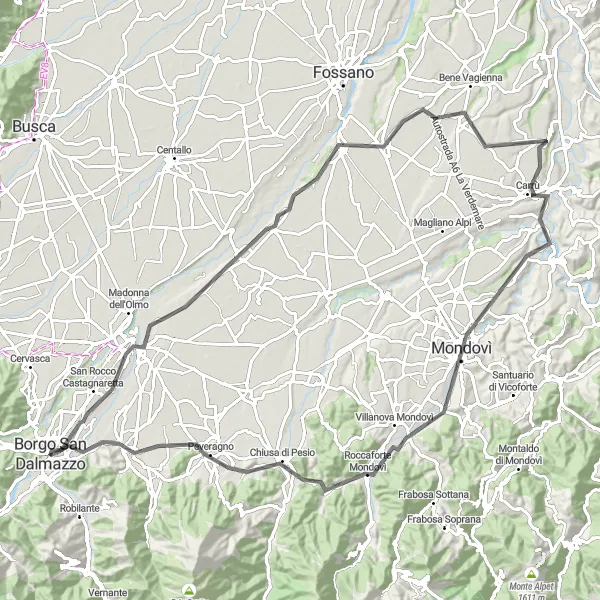 Map miniature of "Mondovì and the Hills of Carrù" cycling inspiration in Piemonte, Italy. Generated by Tarmacs.app cycling route planner