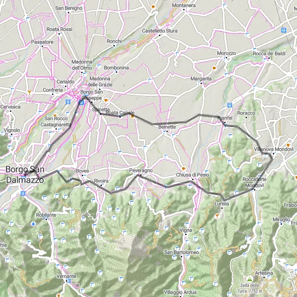 Map miniature of "Cuneo and the Panoramic View of Peveragno" cycling inspiration in Piemonte, Italy. Generated by Tarmacs.app cycling route planner