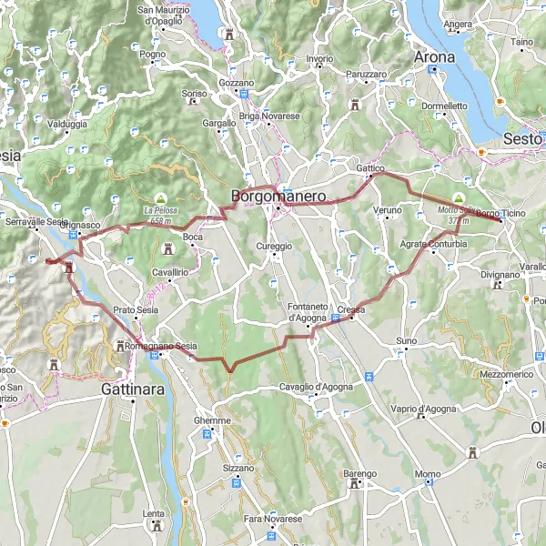 Miniatura della mappa di ispirazione al ciclismo "Giro in bicicletta da Borgo Ticino - Motto Solivo" nella regione di Piemonte, Italy. Generata da Tarmacs.app, pianificatore di rotte ciclistiche
