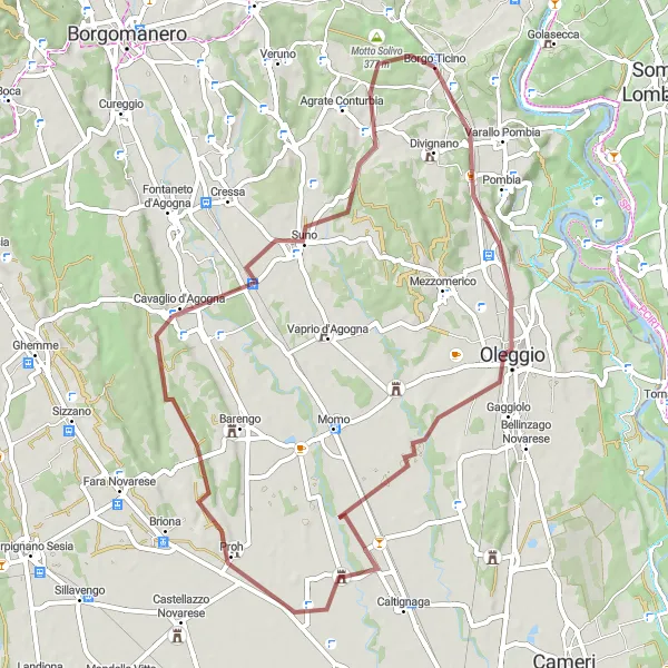 Miniatura della mappa di ispirazione al ciclismo "Giro in bicicletta da Borgo Ticino - Morghengo" nella regione di Piemonte, Italy. Generata da Tarmacs.app, pianificatore di rotte ciclistiche