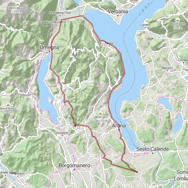 Miniatua del mapa de inspiración ciclista "Aventura extrema en gravilla desde Borgo Ticino" en Piemonte, Italy. Generado por Tarmacs.app planificador de rutas ciclistas