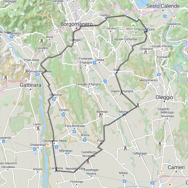 Miniaturekort af cykelinspirationen "Suno-Carpignano Sesia Rundtur" i Piemonte, Italy. Genereret af Tarmacs.app cykelruteplanlægger